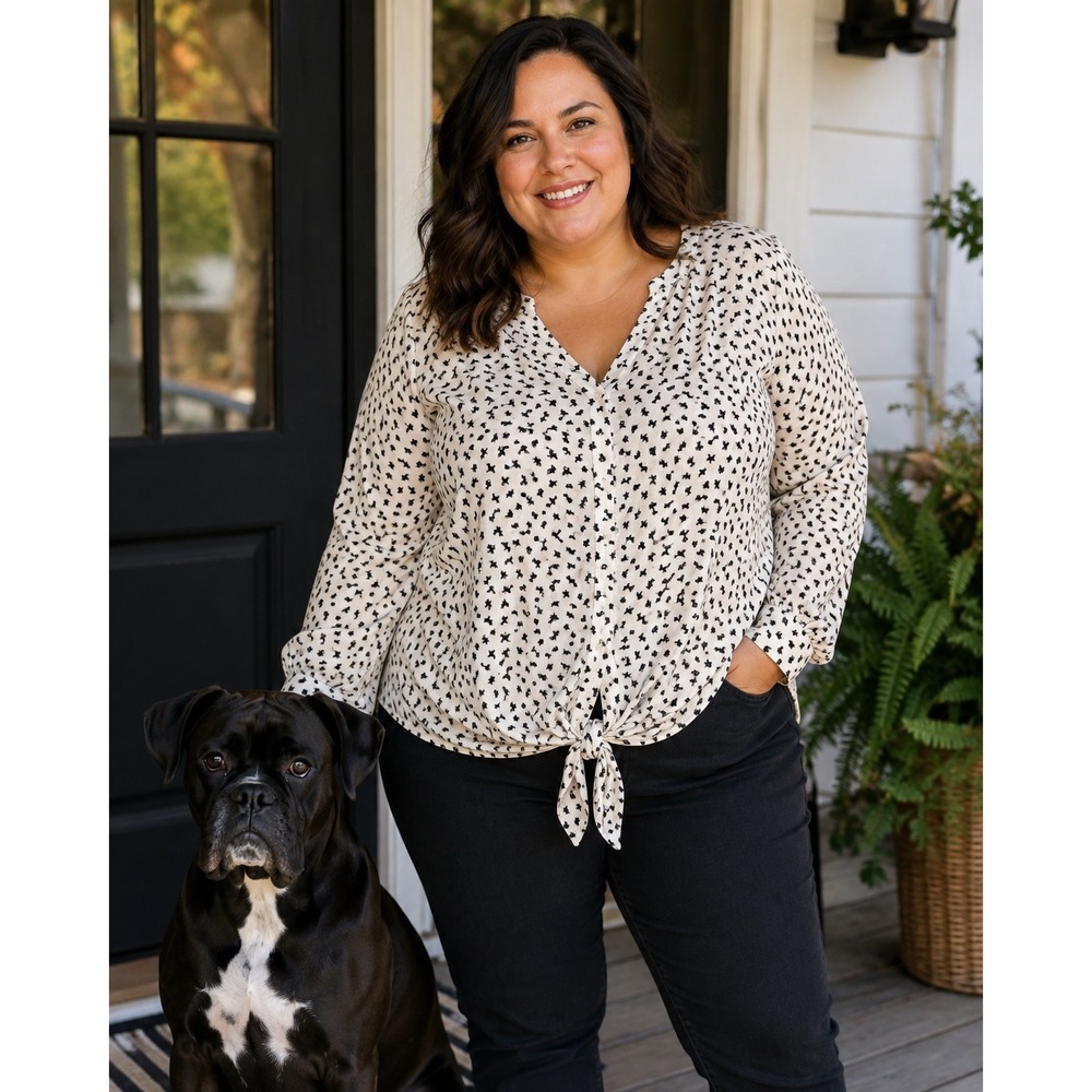 Max Studio XL Blouse Dog Cat Print Ivory Tie Front Long Sleeve Button